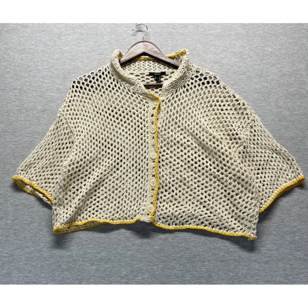 Forever 21 Crochet Cardigan Sweater Womens Medium Cream Yellow Trim Open Knit